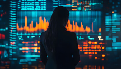 Silhouette woman stands before futuristic backdrop of financial data streams. Stock market charts, representing trading, investment, digital analysis, business