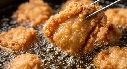 Close-up of golden-brown fried chicken being lifted from hot oil with metal tongs, surrounded by other pieces frying.