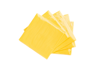 Square  Slices of processed Cheddar cheese in individual plastic packaging isolated on white background