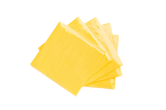 Square  Slices of processed Cheddar cheese in individual plastic packaging isolated on white background
