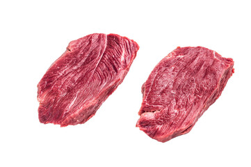 Raw kangaroo steak, wild fresh game meat isolated on white background. top view