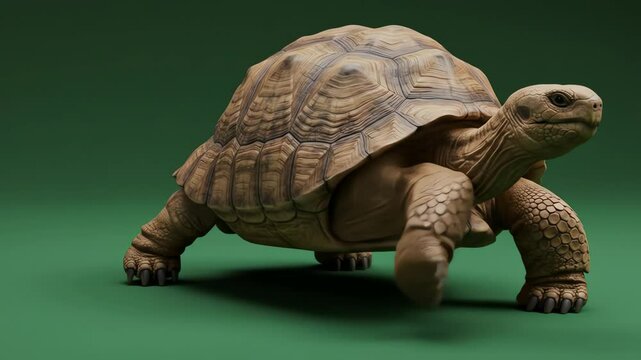 A tortoise with a detailed shell walks on a smooth green surface facing right