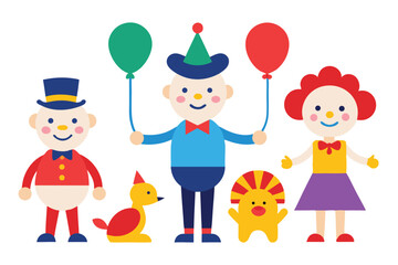 Naklejka premium Funny cartoon set of boy and girl kids celebrating a fun school birthday with balloons and flowers, perfect for childhood illustration