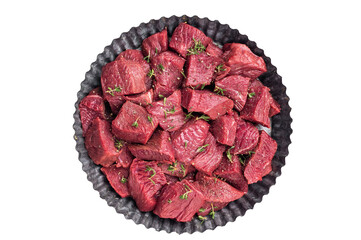 Raw Diced Elk meat with herbs and spices Isolated on white background. top view © Mironov