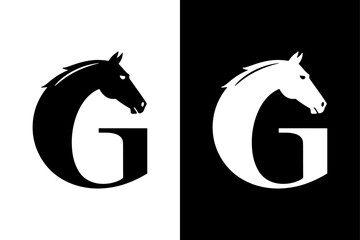 Horse Head and Letter G Logo in Black and White . G Icon on White Background Vector Art Illustration on white background.