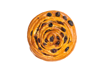 Danish raisin pastry swirls isolated on white background. top view
