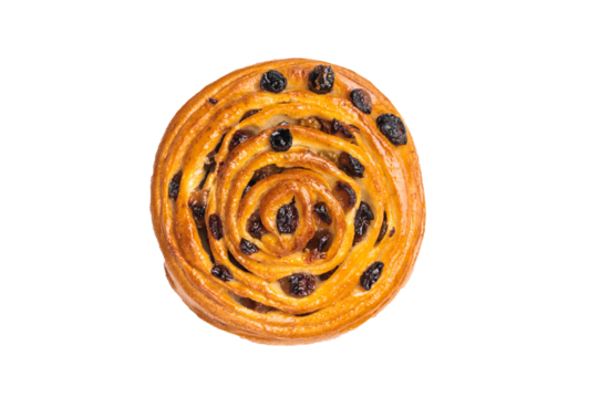 Danish raisin pastry swirls isolated on white background. top view