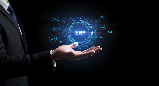 ERP system for business automation with software and technology. Integration and process for data management, resource planning and financial control