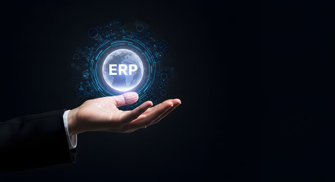 ERP, enterprise resource planning, for business technology. A system and software for management, a global solution for automation and data integration