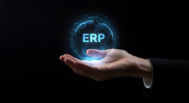 ERP, enterprise resource planning, for business technology. A system and software for management, a global solution for automation and data integration