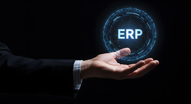 ERP, enterprise resource planning, for business technology. A system and software for management, a global solution for automation and data integration