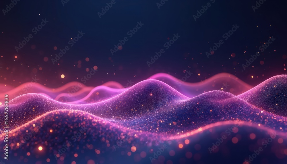 Poster abstract wave background with glowing particles. lines of light, dynamic flow. dark blue backdrop wi