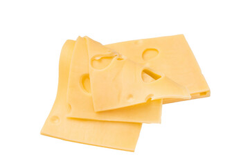 Maasdam cheese slices isolated on white background. top view