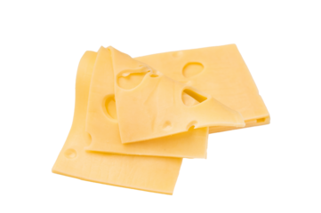 Maasdam cheese slices isolated on white background. top view