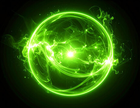 Glowing green sphere of plasma energy. Electric ball. Abstract luminous orb radiating ethereal glow