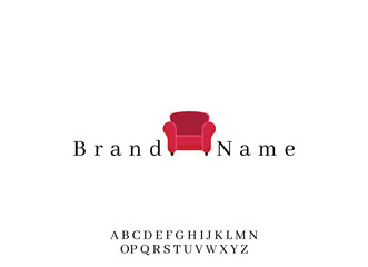 Red armchair logo design, minimalist brand identity, clean style.