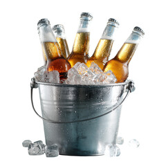 An isolated, cold bottle of champagne chilling on ice, ready for a party