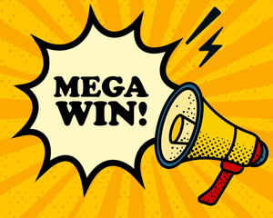 Mega win speech bubble. Megaphone, lightning, speech burst, sound lines, pop art style, loudspeaker, public speaking, yellow background, expression, voice, alert, broadcast