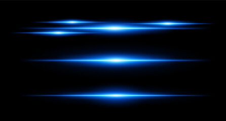 Horizontal blue flare beams in stacked layout on dark background with smooth gradients and glow effect. Sci-fi or HUD visual element.