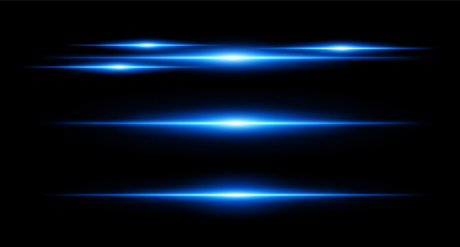 Horizontal blue flare beams in stacked layout on dark background with smooth gradients and glow effect. Sci-fi or HUD visual element.