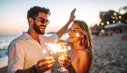 Happy Couple Celebrating on Beach at Sunset with Sparklers.