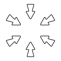 Directional arrow icon. Six bold black arrows pointing inward from all sides. Represents focus, convergence, navigation, or centralization concept.