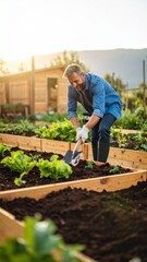 Man Gardening in Raised Garden Beds at Sunset.
