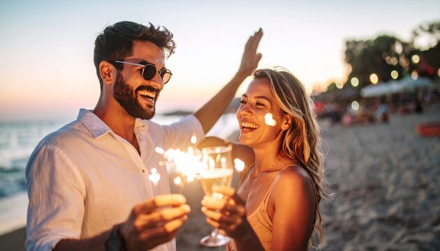 Happy Couple Celebrating on Beach at Sunset with Sparklers.