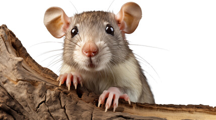 Adorable brown domestic rat curiously peers over a weathered piece of wood with charming whiskers and tiny pink claws transparent.