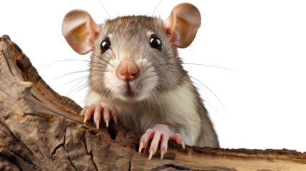 Adorable brown domestic rat curiously peers over a weathered piece of wood with charming whiskers and tiny pink claws transparent.