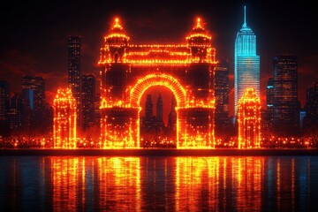 Night cityscape with illuminated archway