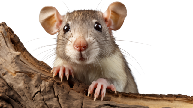 Adorable brown domestic rat curiously peers over a weathered piece of wood with charming whiskers and tiny pink claws transparent.