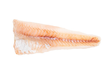 Raw pollock white fish fillet isolated on white background. top view