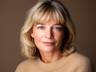 Fototapeta premium Confident middle-aged woman with blonde hair and beige sweater