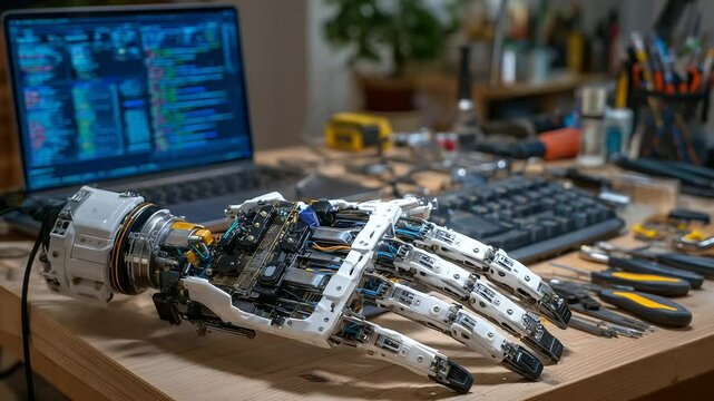 D printed prosthetic hand rests beside engineering tools on desk, medicine meets innovation.