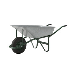 Galvanized wheelbarrow with green handles and black tire  isolate on a transparent background