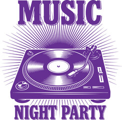 Music night party with retro turntable vector illustration in purple theme