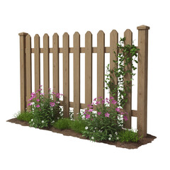 Wooden picket fence with flowers and greenery in garden setting  isolate on a transparent background