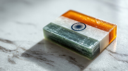 Translucent India flag block resting on white marble surface, symbol of patriotism. Tricolor glass artwork featuring saffron, white, green and Ashoka Chakra