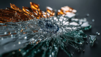 Shattered glass symbolizing the Indian flag with Ashoka Chakra at center. Symbolic artwork showing fractured patriotism through shattered flag design.
