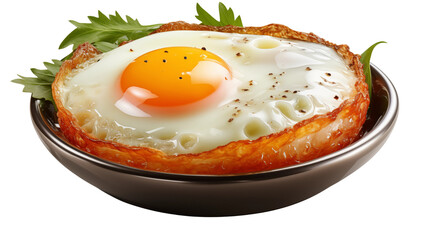 Delicious fried egg sits in a bowl garnished with greens, offering a tempting breakfast or brunch option for a healthy diet transparent.
