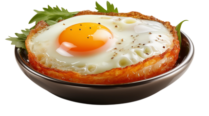 Delicious fried egg sits in a bowl garnished with greens, offering a tempting breakfast or brunch option for a healthy diet transparent.