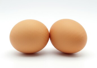A close up studio shot of two brown eggs side by side against a clean, bright, white surface
