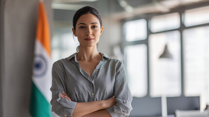 Confident Indian businesswoman standing with arms crossed in front of the Indian Flag on Independence Day at work.  