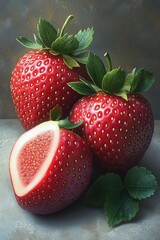 Fresh, vibrant strawberries, one sliced to reveal a deep red interior