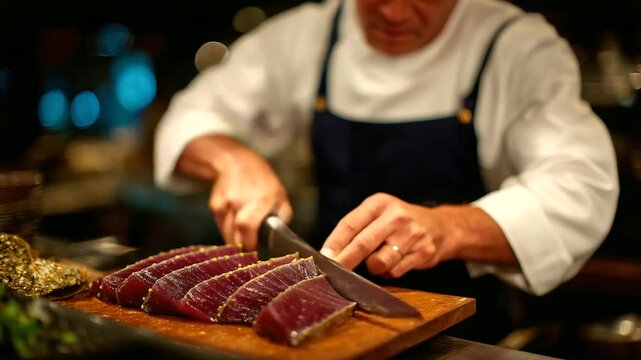 Chef slicing through a thick bluefin tuna loin with a perfectly sharp knife on a wooden chopping board, deep red fish fillets glowing with freshness, a fine dining culinary moment