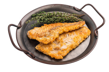 Fried Hake white fish fillet isolated on white background. top view