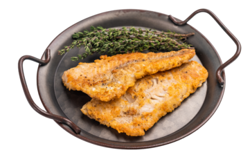 Fried Hake white fish fillet isolated on white background. top view