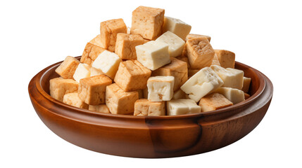 Fresh paneer cubes in a rustic wooden bowl offer a delicious and healthy vegetarian food option on a white background transparent.