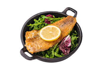 Fried Haddock fish fillet in a pan isolated on white background. top view